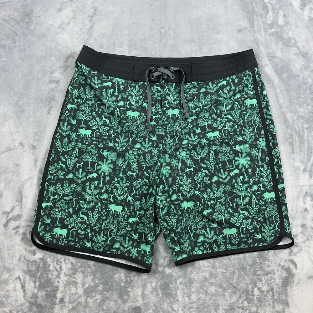 PRANA Roots Studio Board Shorts Mens Size 35 Black Green Beach Swim Surf